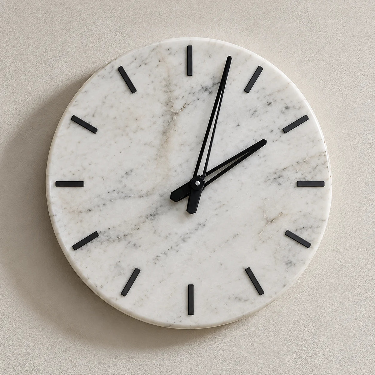 Modern white marble decorative wall clock with minimalist black detailing