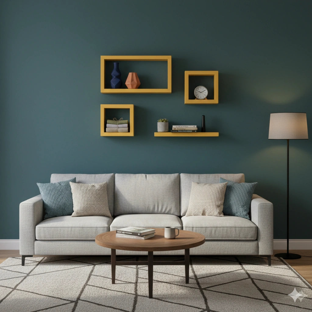 Contemporary wooden gold wall decor featuring four stylish geometric frames for modern Indian homes