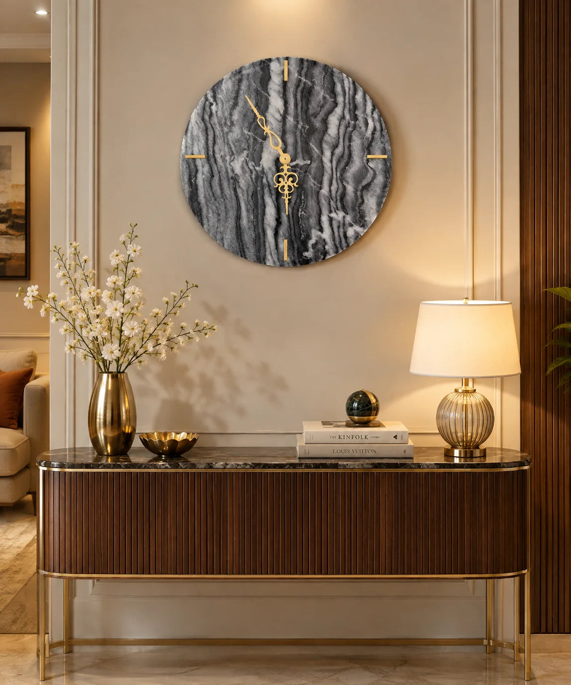 Natural marble wall clock with gold accents for elegant interior decor