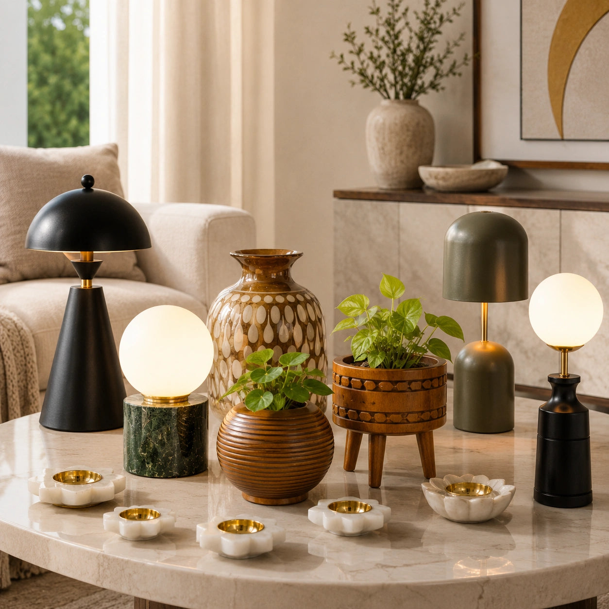 Premium designer table lamp styled in an elegant modern living room for luxury home décor by Reggal Decors