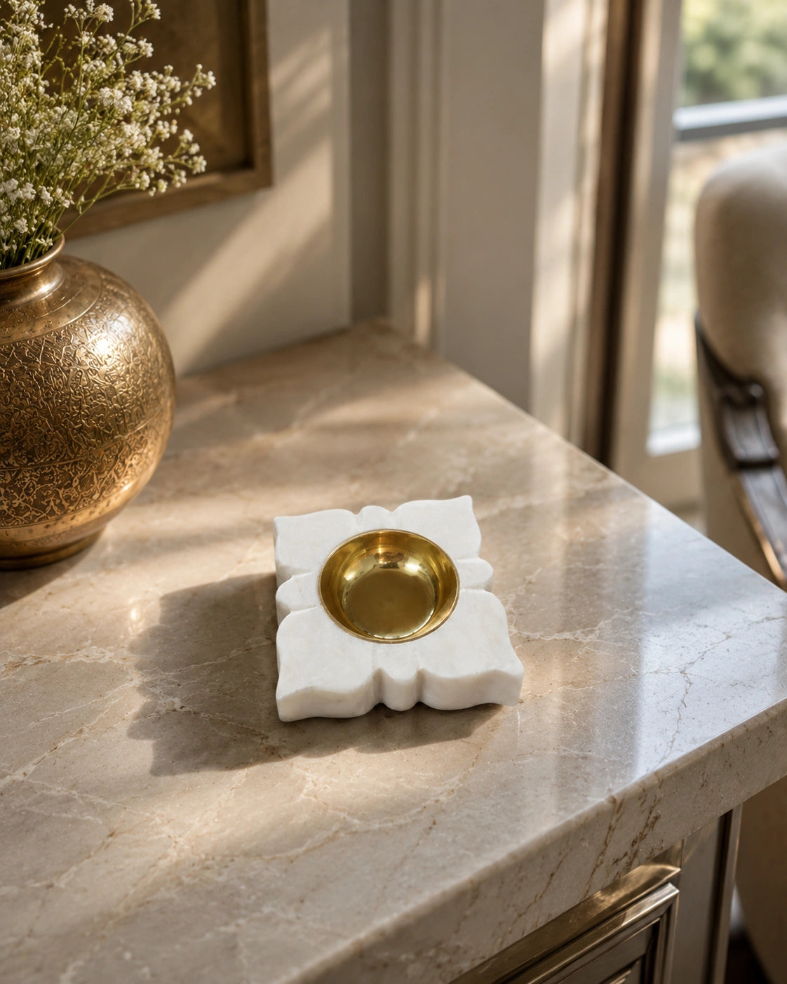 Premium white marble diya with gold brass bowl for Diwali pooja decoration, Indian festive home décor, luxury spiritual décor and traditional pooja setup