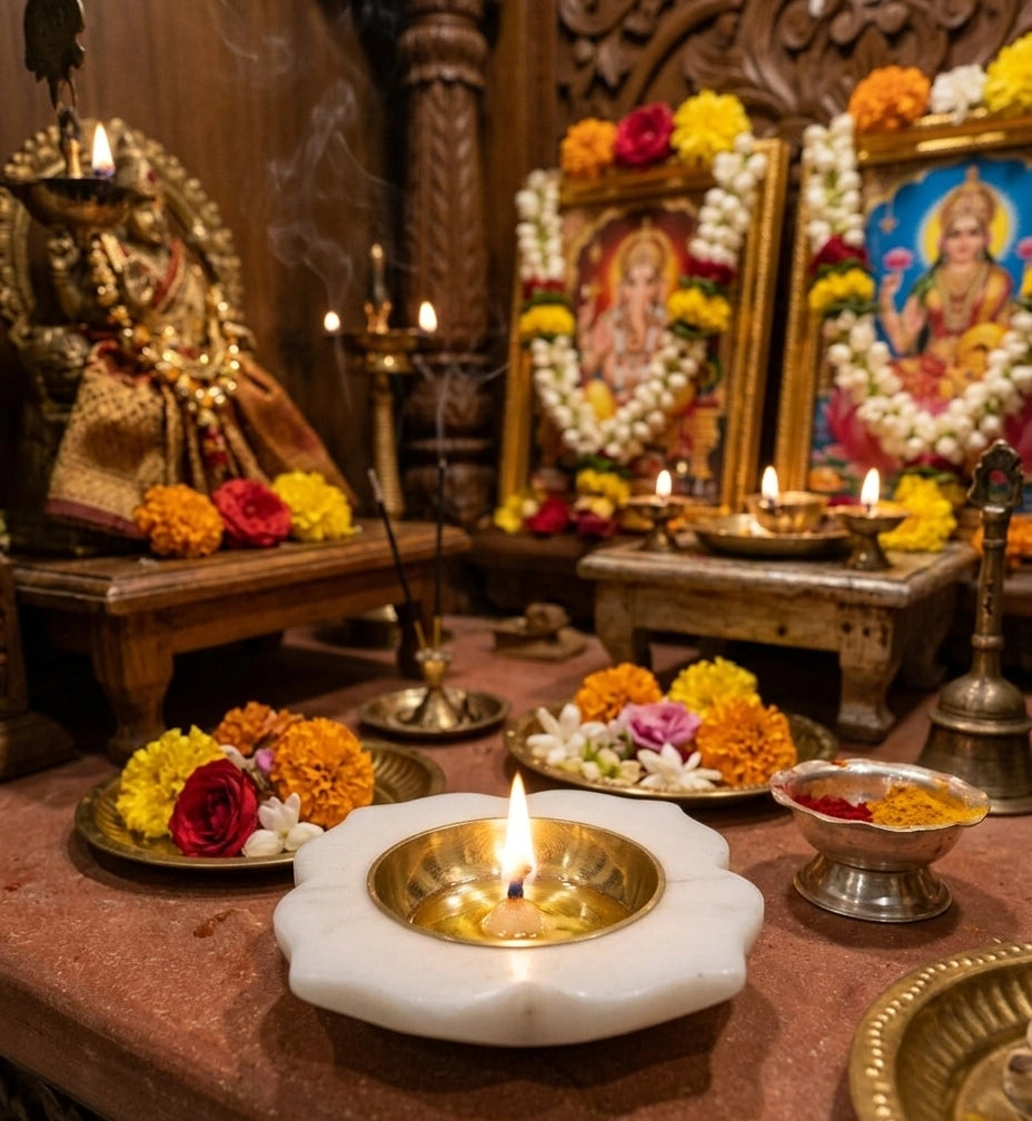 Premium white marble diya with gold brass bowl for pooja and festive home decoration
