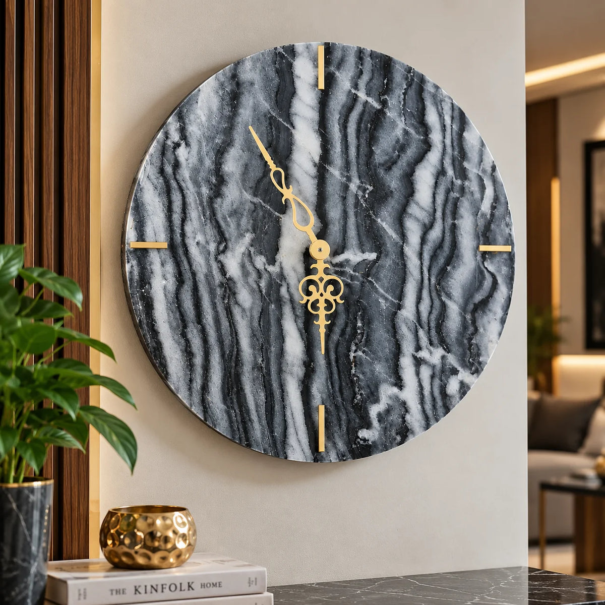 Round black marble wall clock for living room and modern home decor