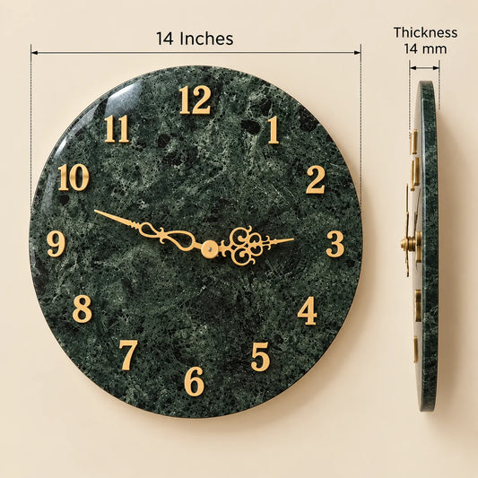 Round green marble wall clock with gold numbers for elegant wall decor