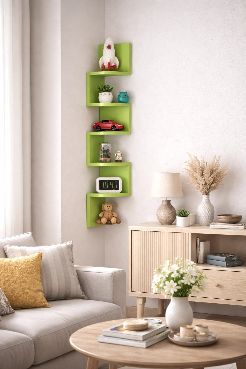 S-shaped wooden wall shelf for bedroom wall décor