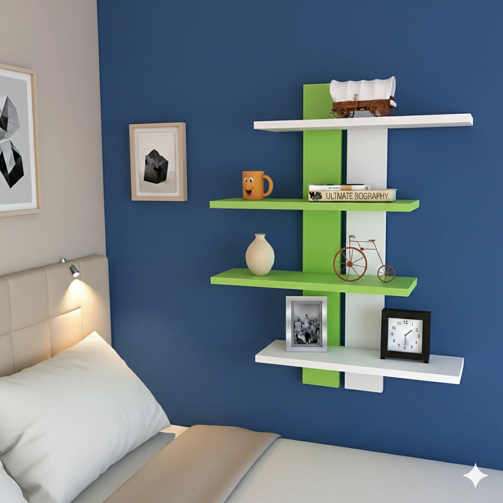 Wall-mounted wooden display shelf for books, plants and home accessories