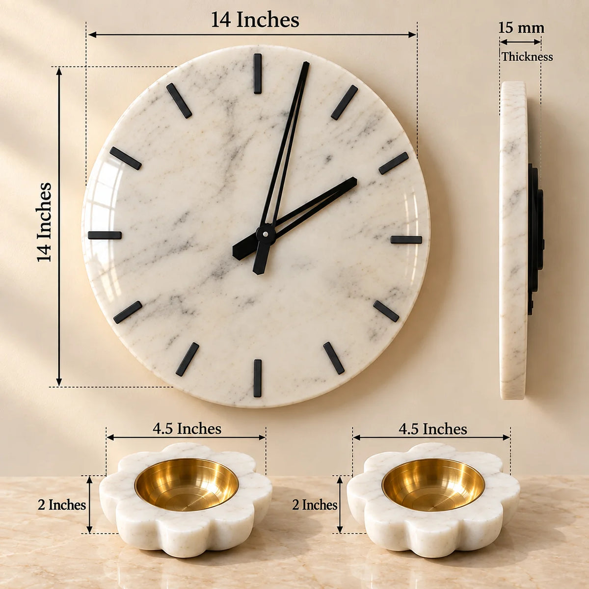 White marble clock with matching marble diya set