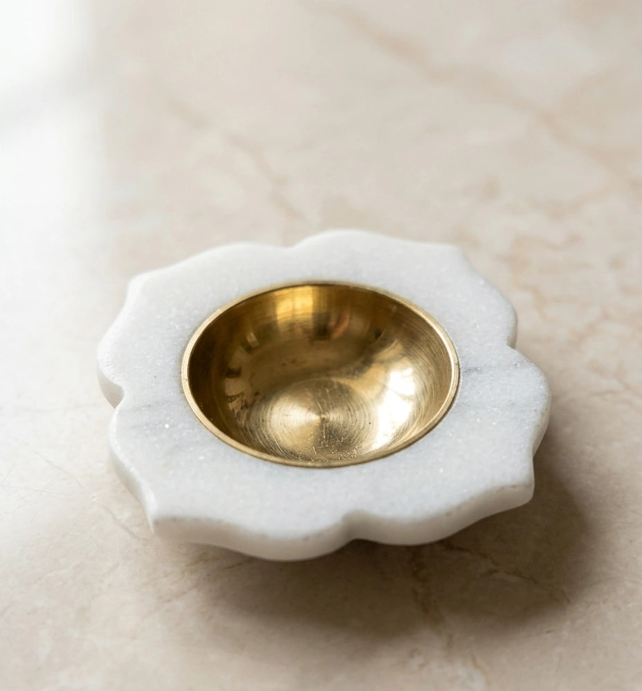 White marble diya with brass bowl for Diwali decoration, pooja room and elegant home decor