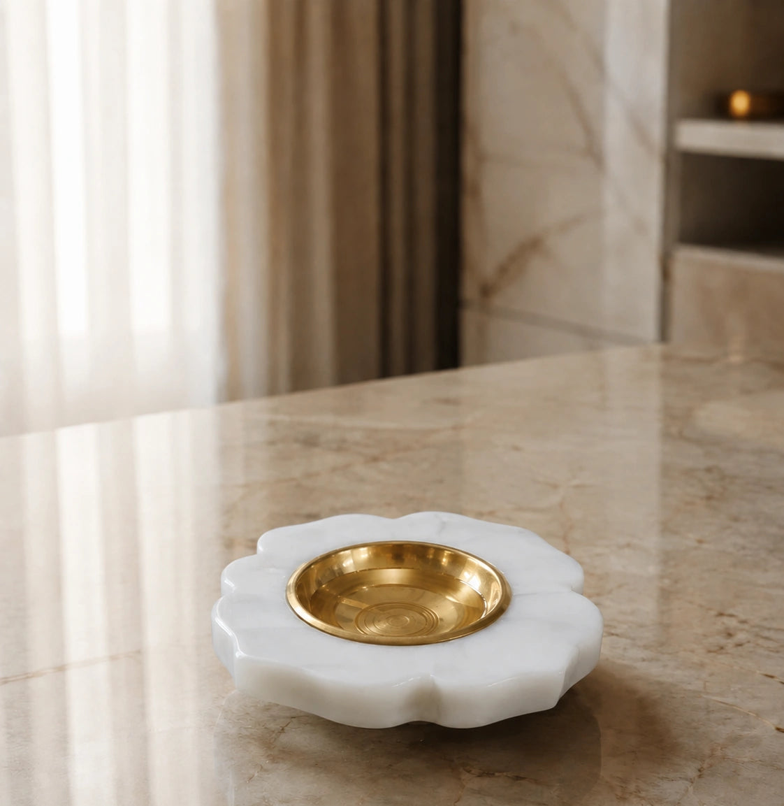 White marble diya with brass bowl for Indian home decor and pooja decoration