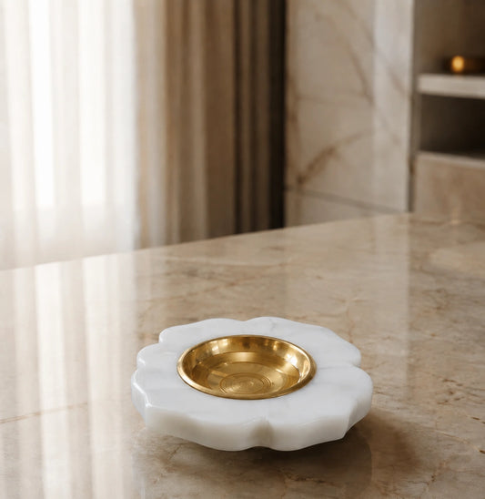 White marble diya with brass bowl for Indian home decor and pooja decoration