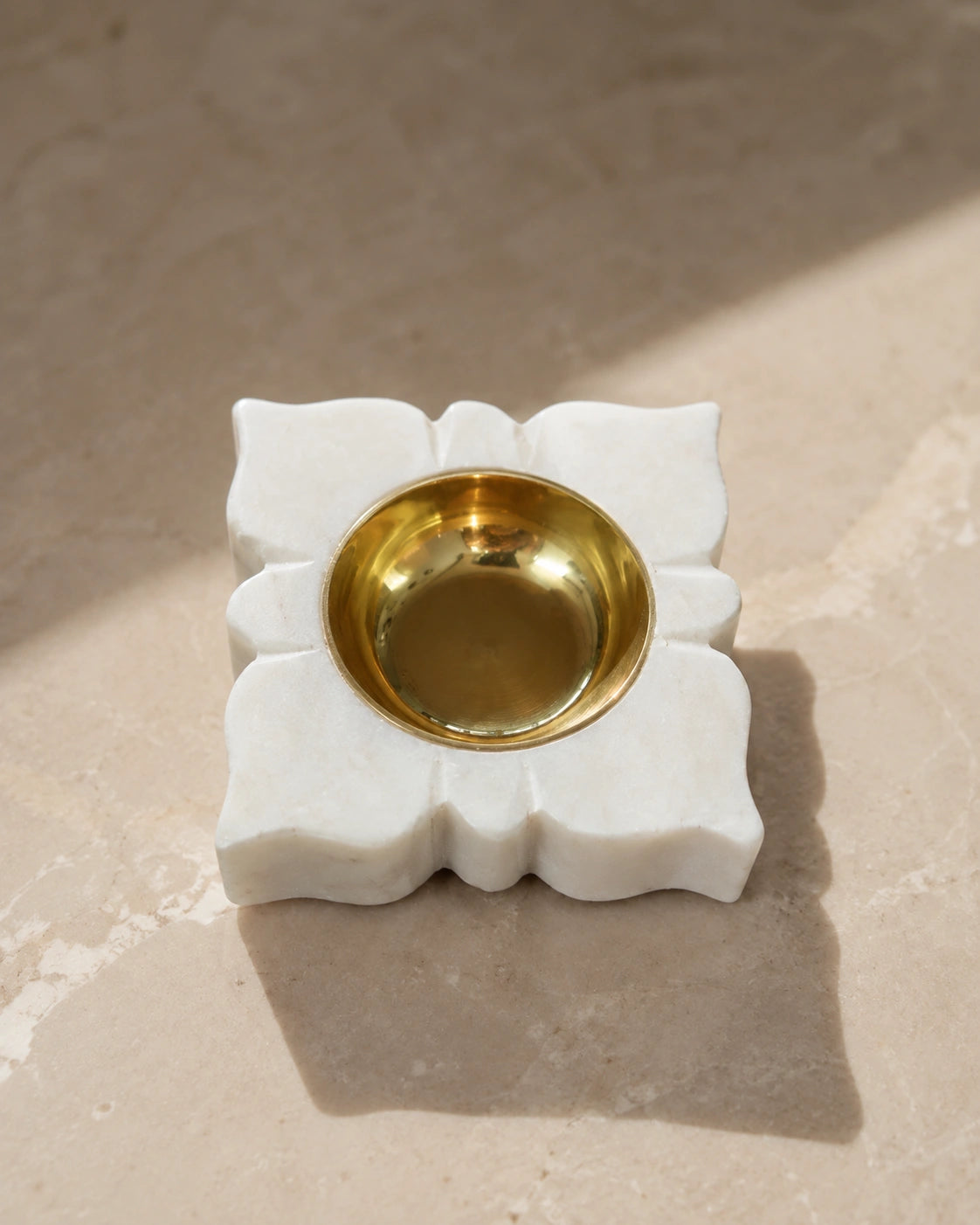 White marble diya with polished brass bowl for Indian pooja décor, Diwali decoration, festive home décor and luxury marble diya styling