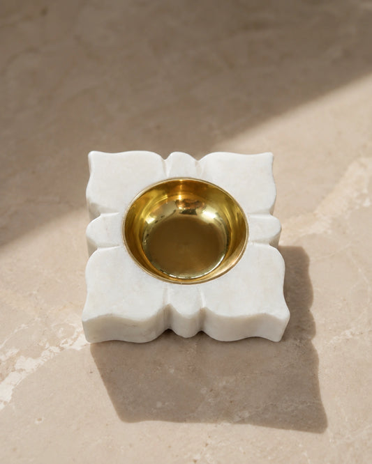White marble diya with polished brass bowl for Indian pooja décor, Diwali decoration, festive home décor and luxury marble diya styling