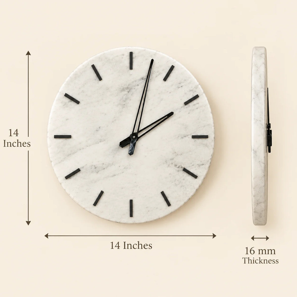 Round white marble wall clock with black hour markers and hands
