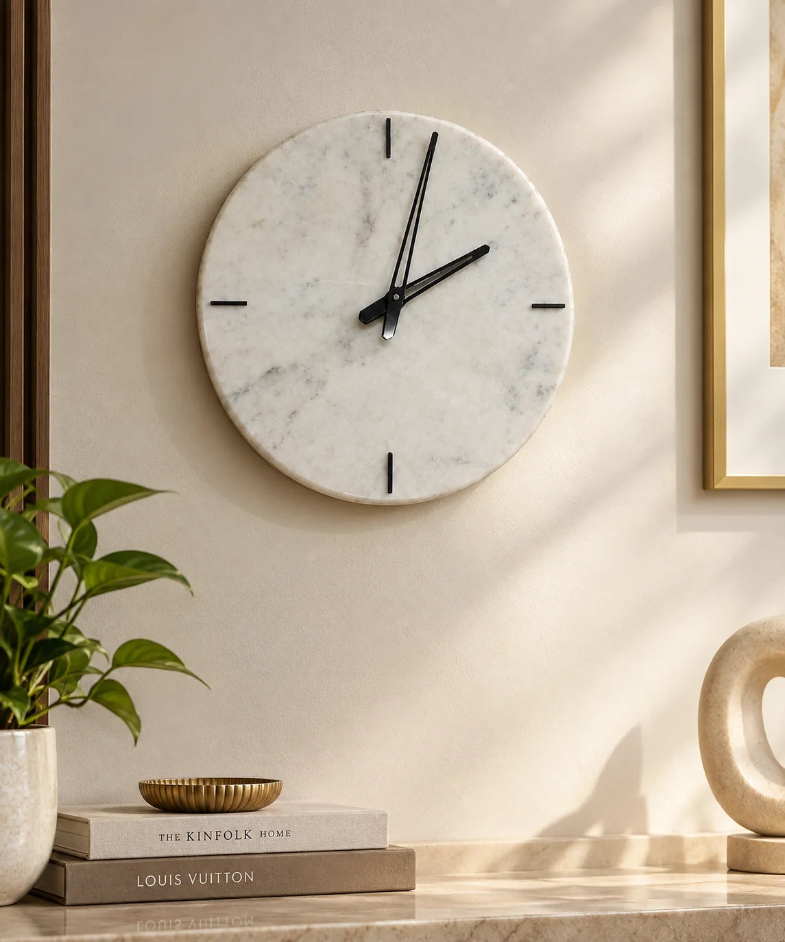White marble wall clock with natural stone  for modern home decor