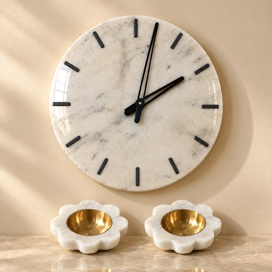 White marble wall clock with two marble diyas combo for home decor