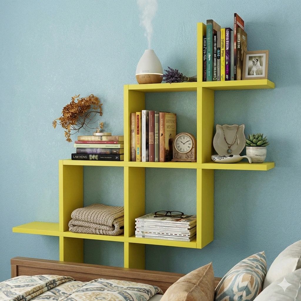 Wooden wall shelf for displaying books, plants and decorative accessories