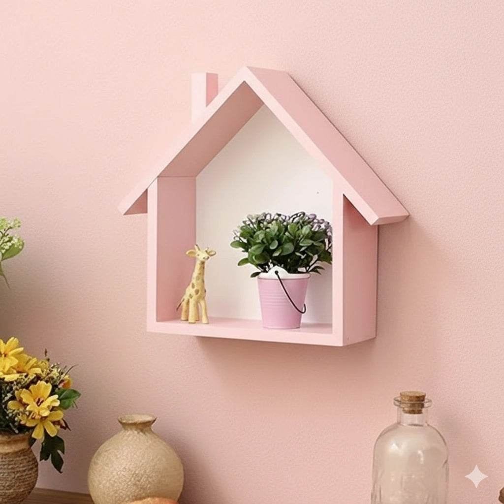 Wooden house wall shelf for kids room and bedroom décor