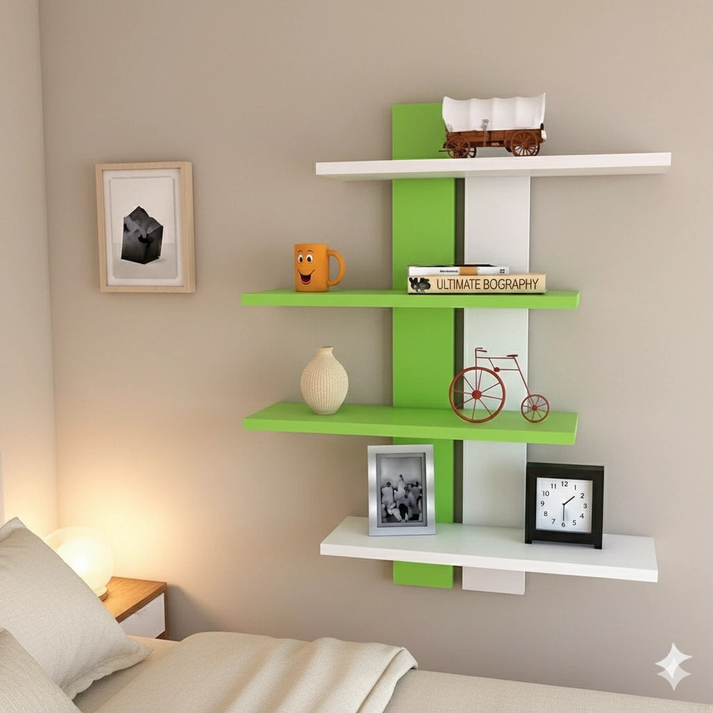 Wooden wall shelf for living room décor with decorative display items