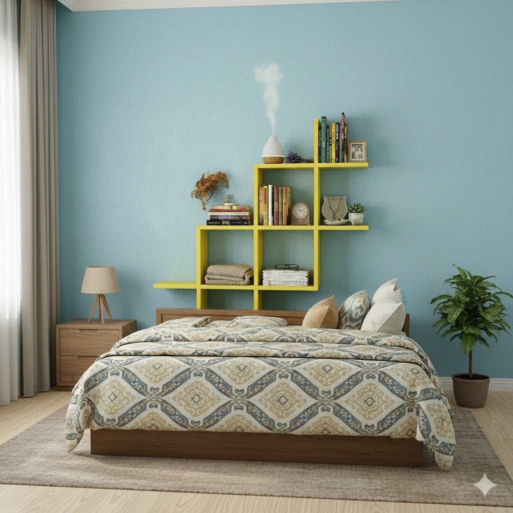 Yellow wooden wall shelf for living room décor and display